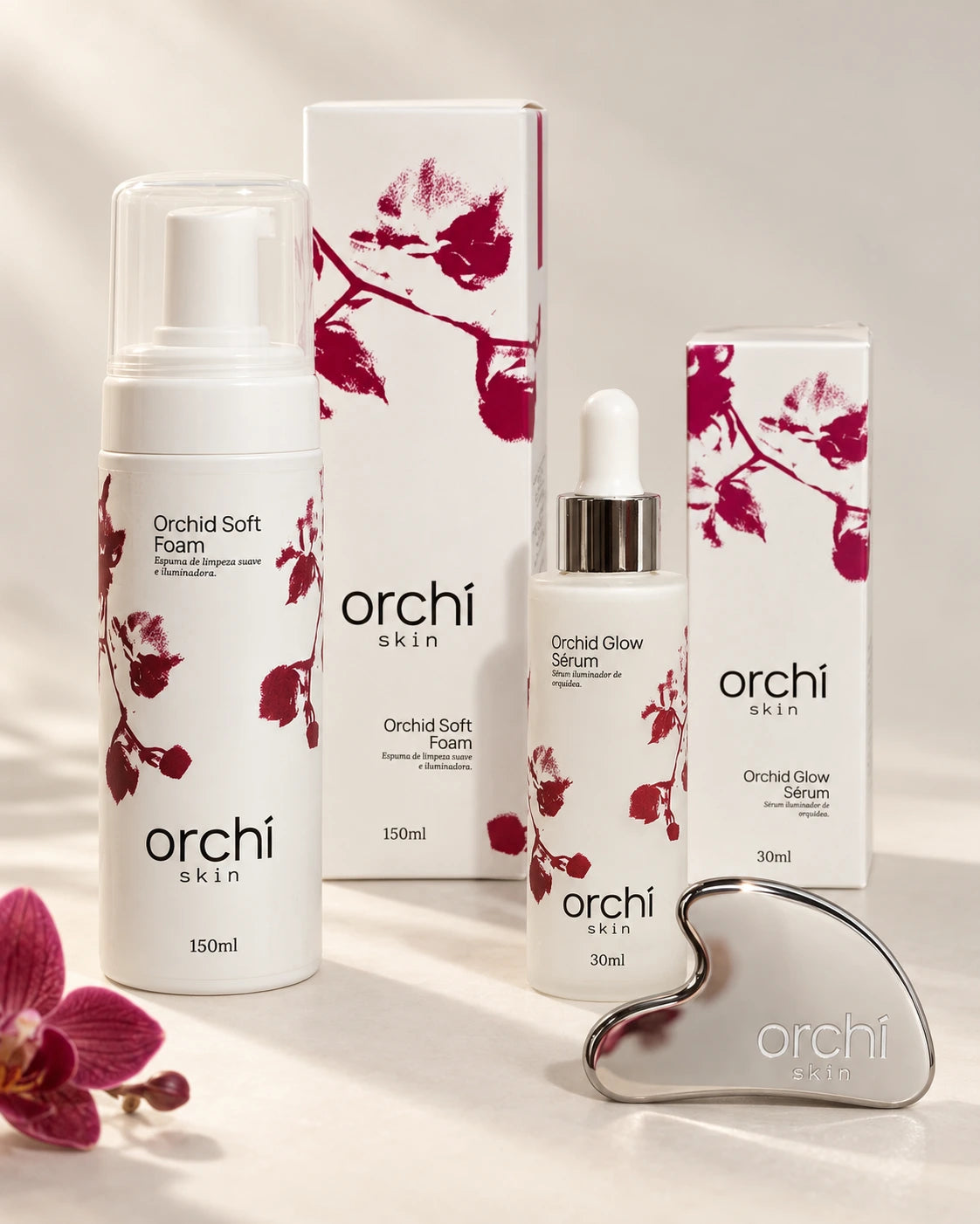 Kit Orchí: Soft Foam 150 ml, Glow Sérum 30 ml e Gua Sha personalizado