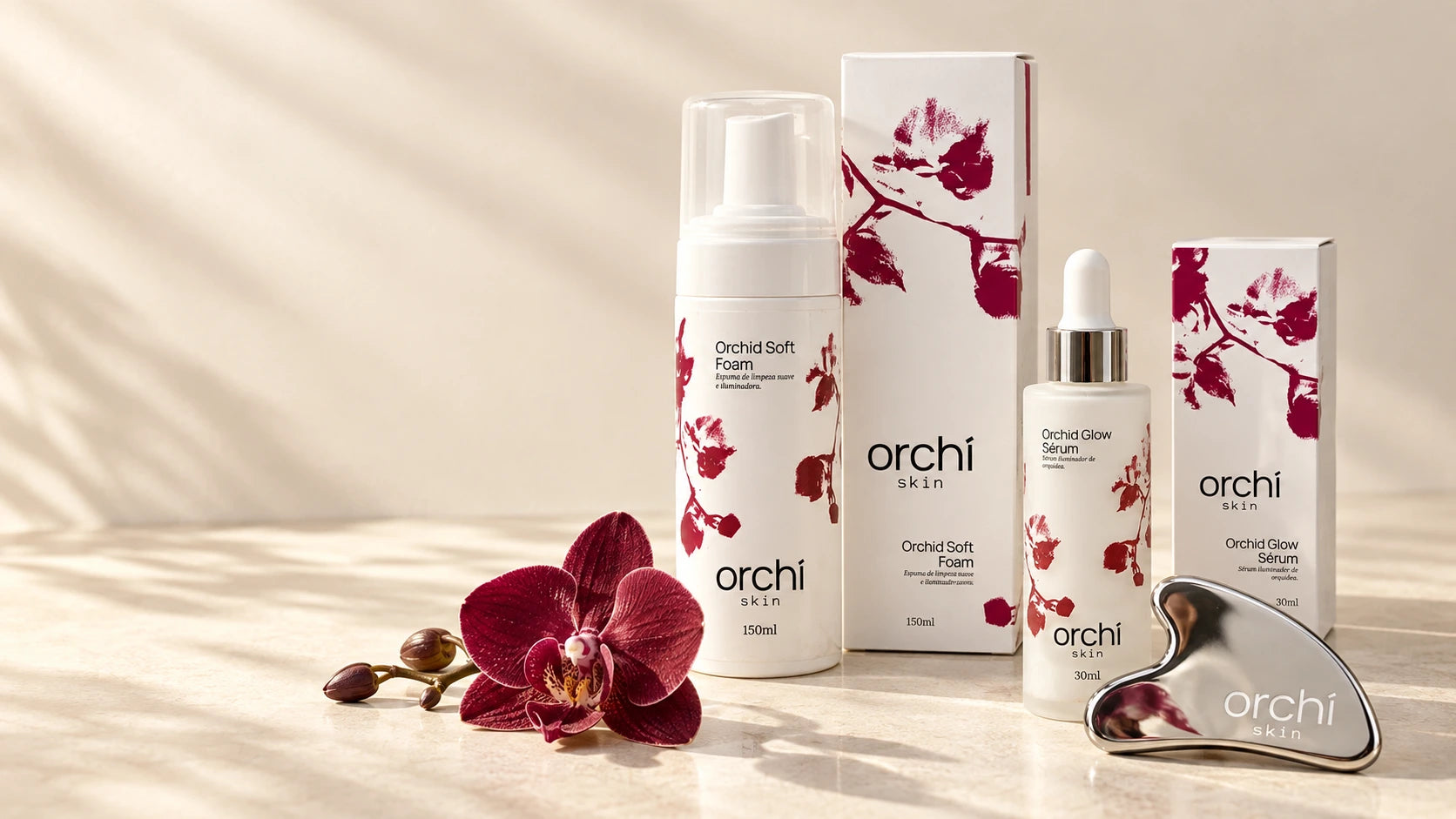 Kit Orchí com Soft Foam, Glow Sérum e Gua Sha personalizado de brinde